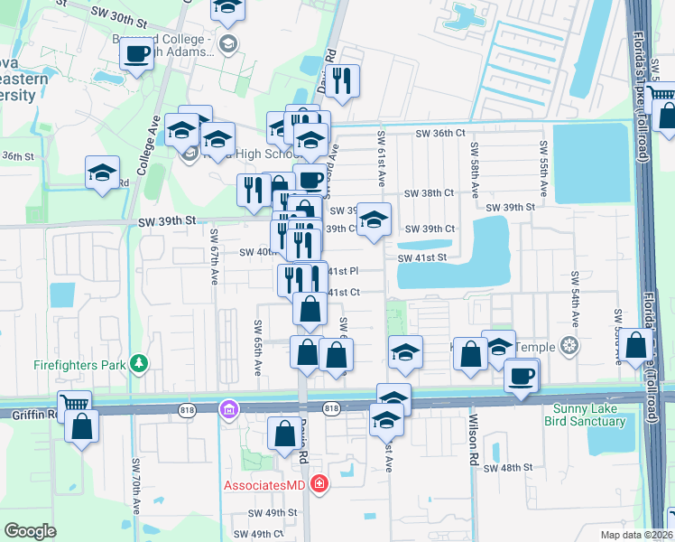map of restaurants, bars, coffee shops, grocery stores, and more near 6300 Southwest 41st Street in Davie