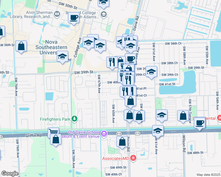 map of restaurants, bars, coffee shops, grocery stores, and more near 6616 Southwest 41st Street in Davie
