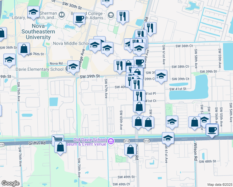 map of restaurants, bars, coffee shops, grocery stores, and more near 6616 Southwest 41st Street in Davie