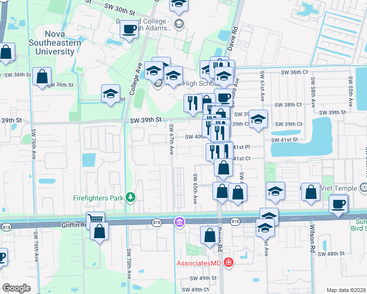 map of restaurants, bars, coffee shops, grocery stores, and more near 6616 Southwest 41st Street in Davie