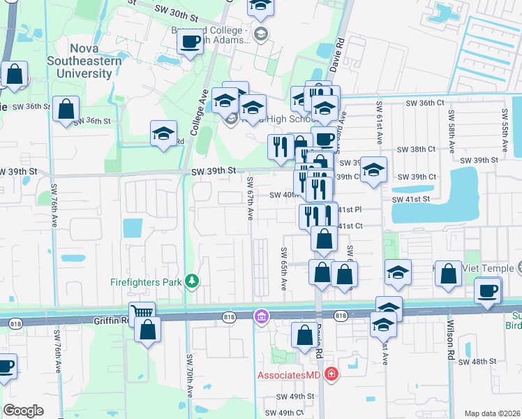 map of restaurants, bars, coffee shops, grocery stores, and more near 6616 Southwest 41st Street in Davie