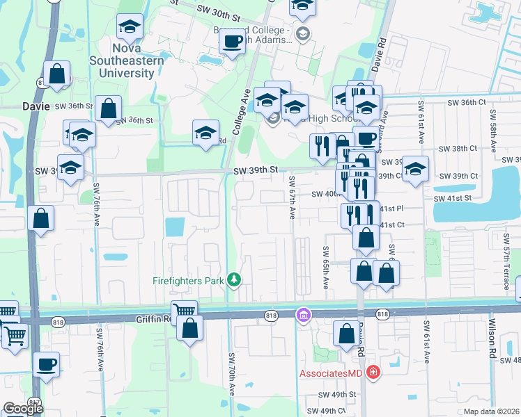 map of restaurants, bars, coffee shops, grocery stores, and more near 6780 Southwest 40th Street in Davie