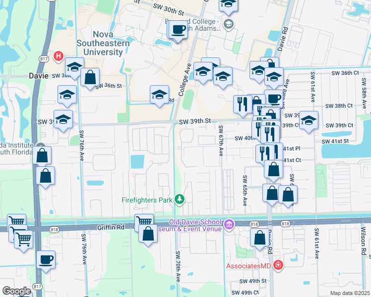 map of restaurants, bars, coffee shops, grocery stores, and more near 6952 Southwest 39th Street in Davie