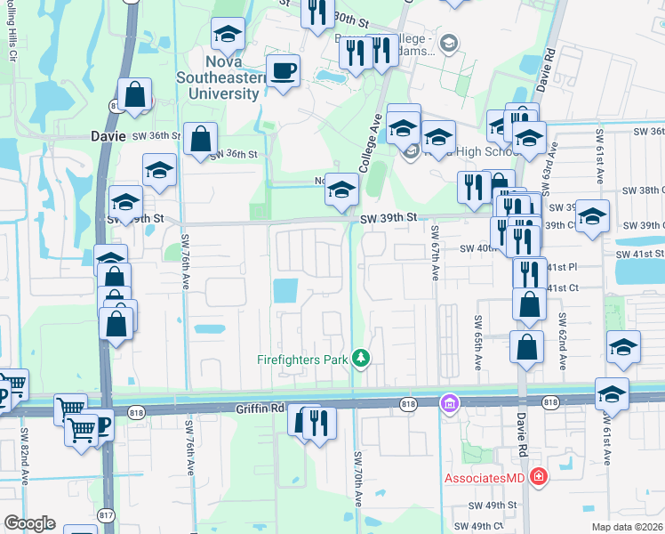 map of restaurants, bars, coffee shops, grocery stores, and more near 4011 Southwest 70th Terrace in Davie