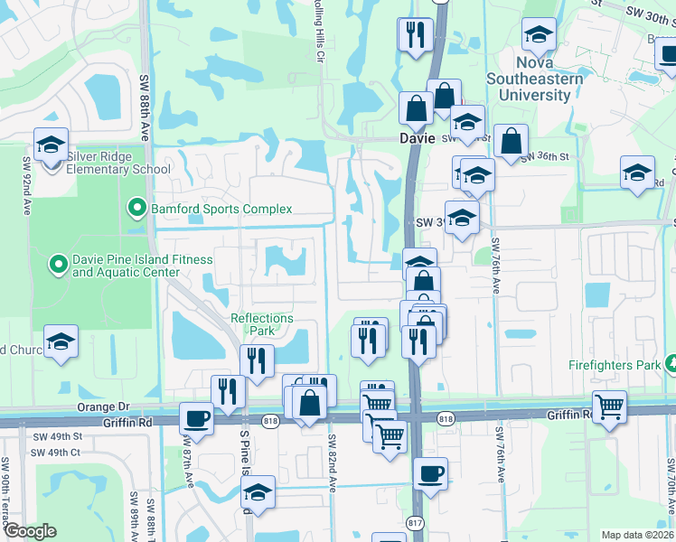 map of restaurants, bars, coffee shops, grocery stores, and more near 4043 West Lake Estates Drive in Davie