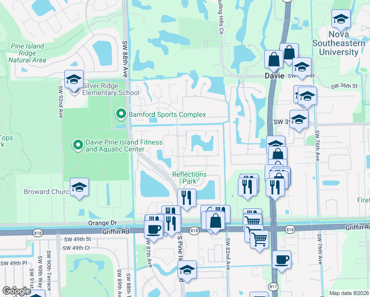 map of restaurants, bars, coffee shops, grocery stores, and more near 8440 Southwest 40th Court in Davie