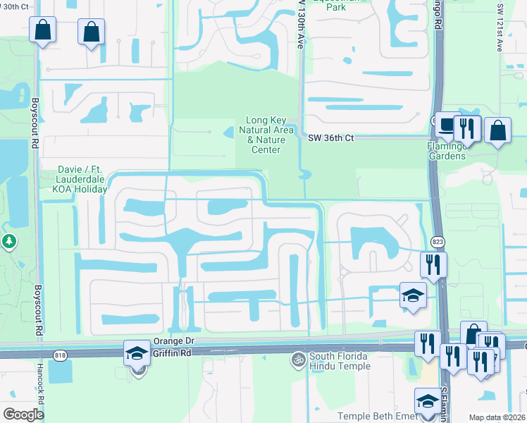 map of restaurants, bars, coffee shops, grocery stores, and more near 3950 Southwest 132nd Avenue in Davie