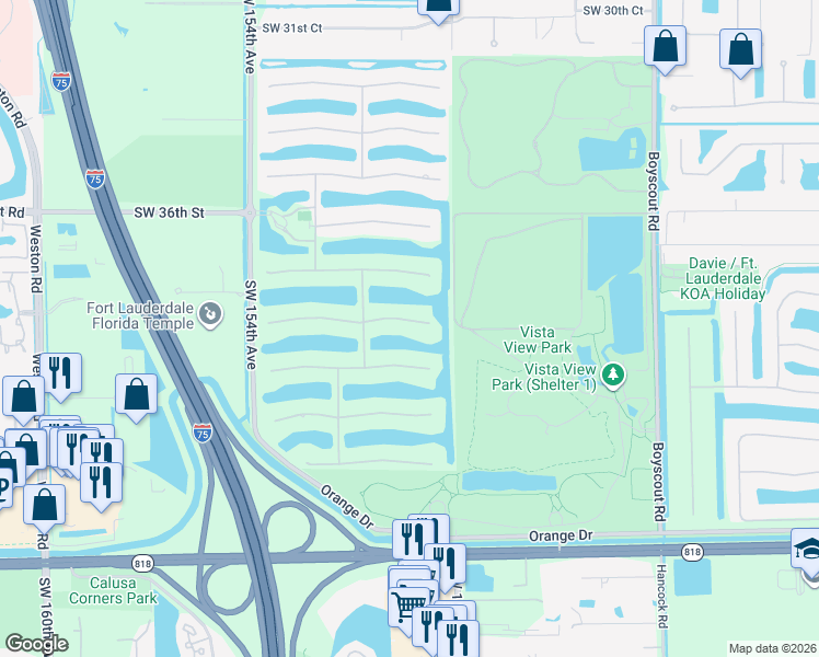 map of restaurants, bars, coffee shops, grocery stores, and more near 14857 Southwest 38th Street in Davie