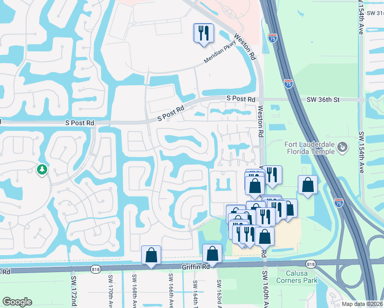map of restaurants, bars, coffee shops, grocery stores, and more near 16503 Ruby Lake in Weston