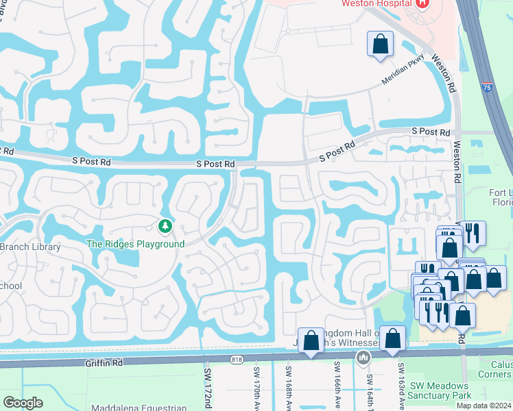 map of restaurants, bars, coffee shops, grocery stores, and more near 3706 San Simeon Circle in Weston