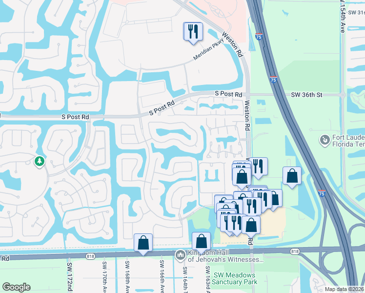 map of restaurants, bars, coffee shops, grocery stores, and more near 16503 Ruby Lake in Weston
