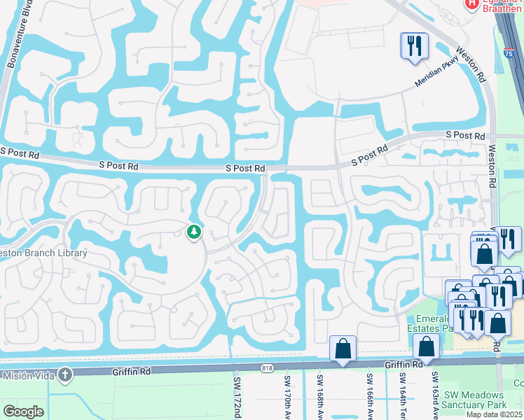 map of restaurants, bars, coffee shops, grocery stores, and more near 3764 San Simeon Drive in Weston