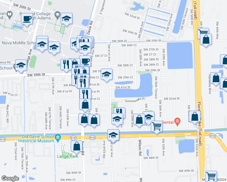 map of restaurants, bars, coffee shops, grocery stores, and more near 6051 Southwest 41st Street in Davie