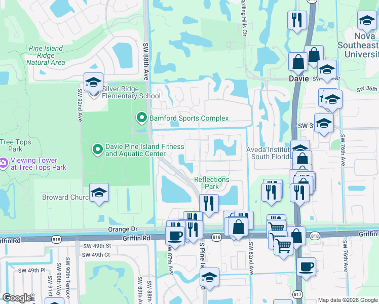 map of restaurants, bars, coffee shops, grocery stores, and more near 8521 Old Country Manor in Davie