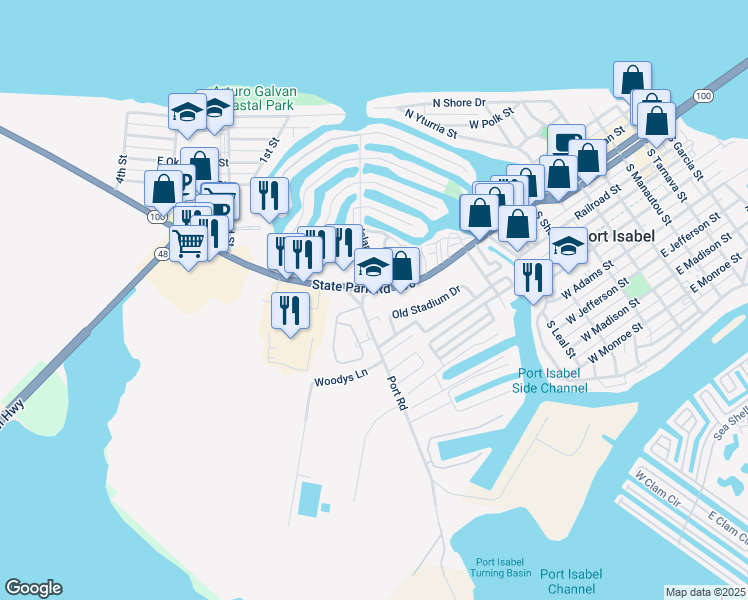 map of restaurants, bars, coffee shops, grocery stores, and more near 101 Port Road in Port Isabel