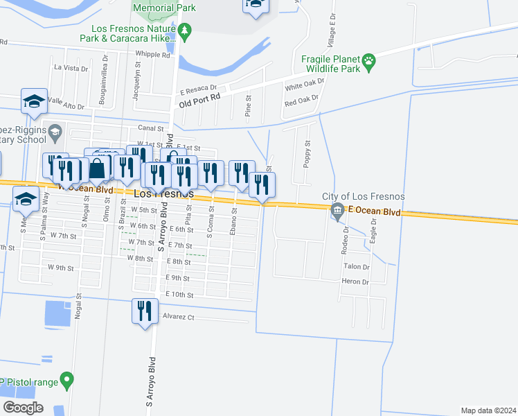 map of restaurants, bars, coffee shops, grocery stores, and more near 488 East Ocean Boulevard in Los Fresnos