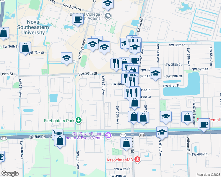map of restaurants, bars, coffee shops, grocery stores, and more near 6616 Southwest 41st Street in Davie