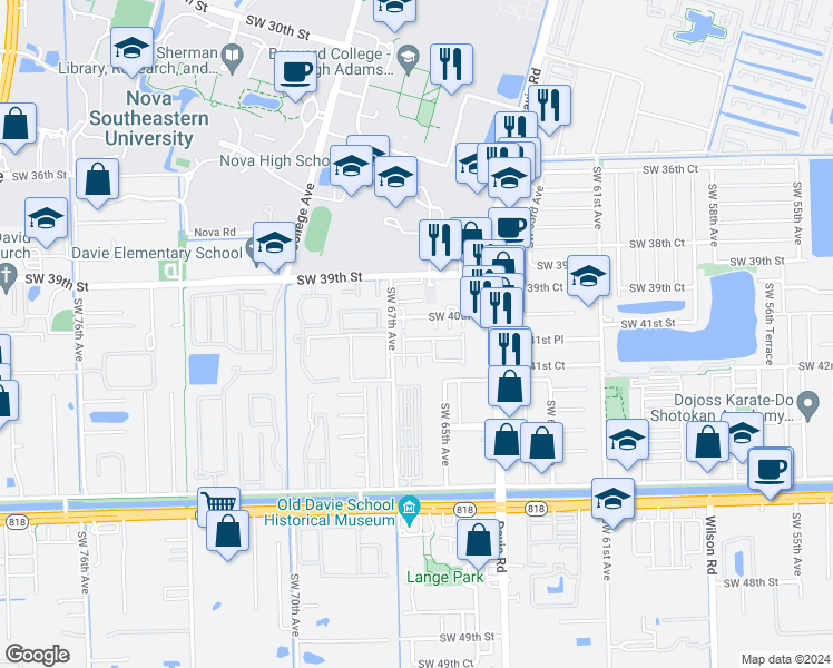 map of restaurants, bars, coffee shops, grocery stores, and more near 6600 Southwest 41st Street in Davie
