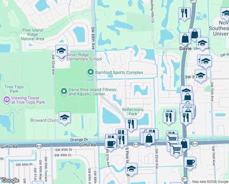 map of restaurants, bars, coffee shops, grocery stores, and more near 8521 Old Country Manor in Davie