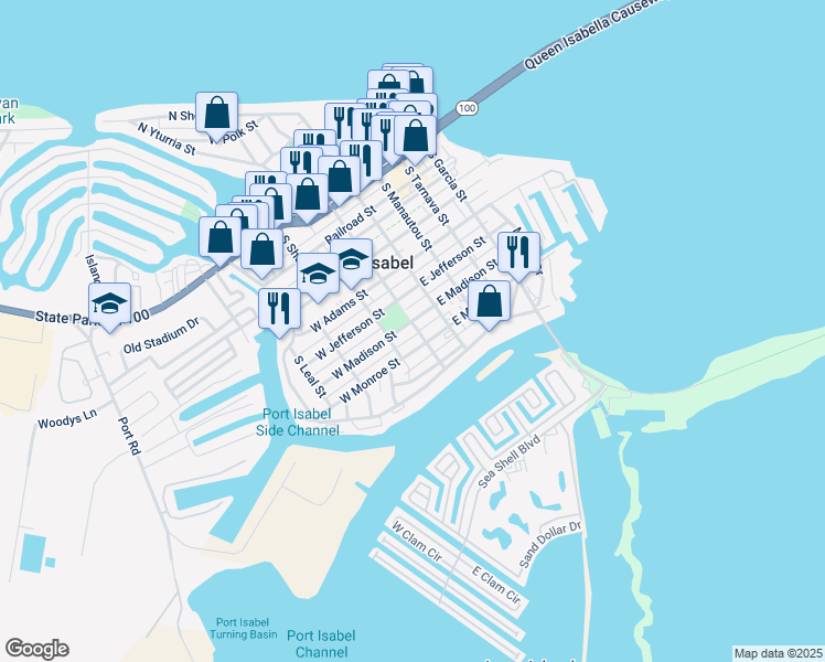 map of restaurants, bars, coffee shops, grocery stores, and more near 600-698 South Musina Street in Port Isabel