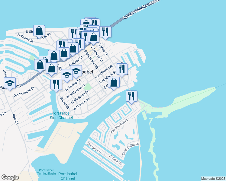 map of restaurants, bars, coffee shops, grocery stores, and more near 898 South Manautou Street in Port Isabel