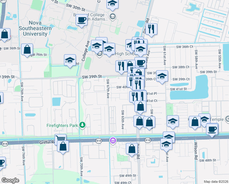 map of restaurants, bars, coffee shops, grocery stores, and more near 6616 Southwest 41st Street in Davie