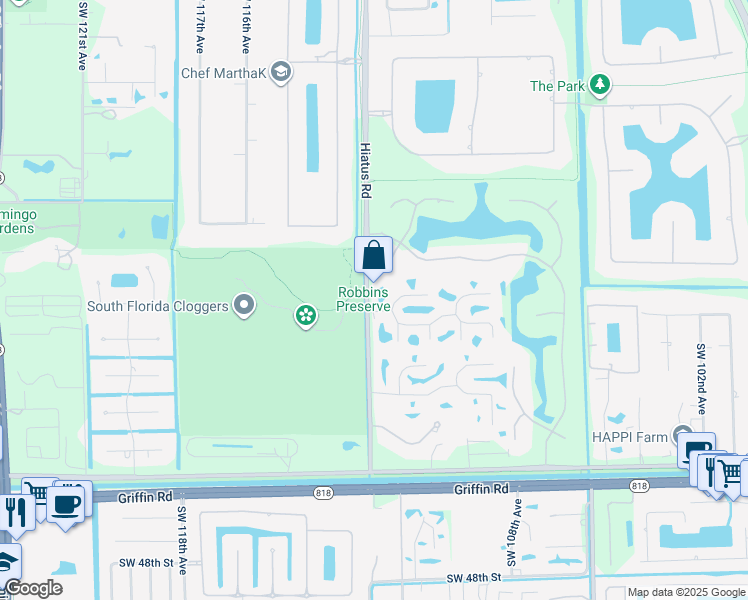 map of restaurants, bars, coffee shops, grocery stores, and more near 4005 South Hiatus Road in Davie