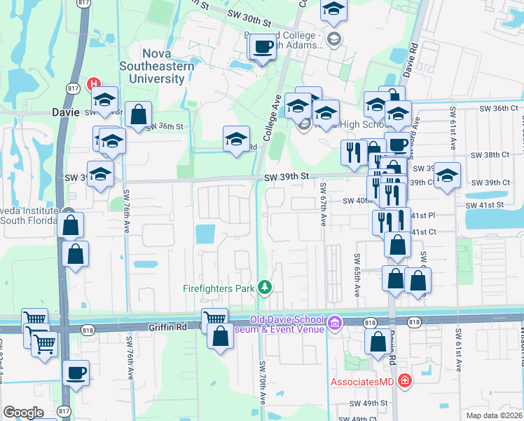map of restaurants, bars, coffee shops, grocery stores, and more near 6952 Southwest 39th Street in Davie