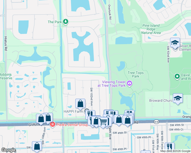 map of restaurants, bars, coffee shops, grocery stores, and more near 10141 Southwest 40th Street in Davie
