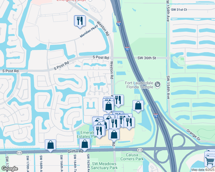 map of restaurants, bars, coffee shops, grocery stores, and more near 16000 Emerald Cove Road in Weston