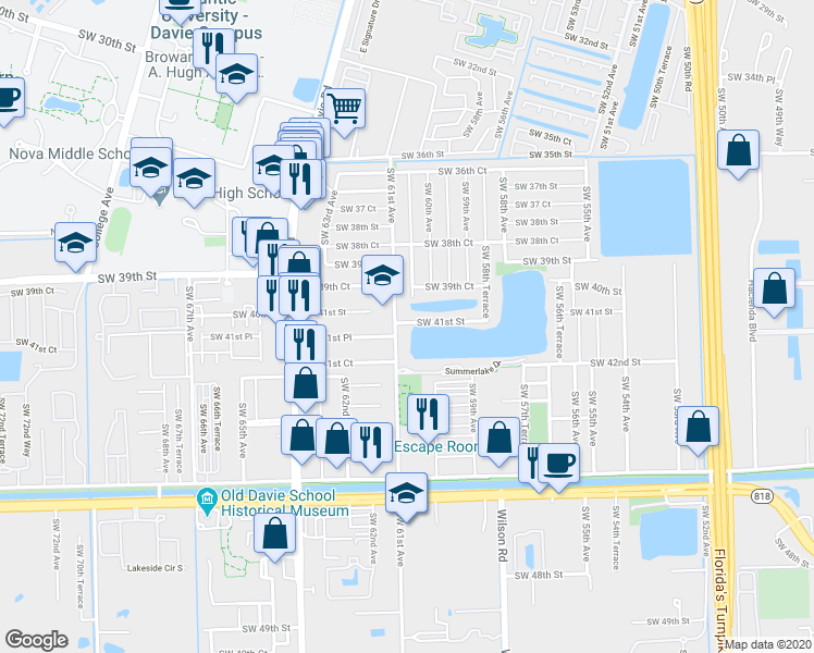 map of restaurants, bars, coffee shops, grocery stores, and more near 6051 Southwest 41st Street in Davie