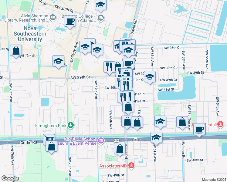 map of restaurants, bars, coffee shops, grocery stores, and more near 6500 Southwest 40th Court in Davie