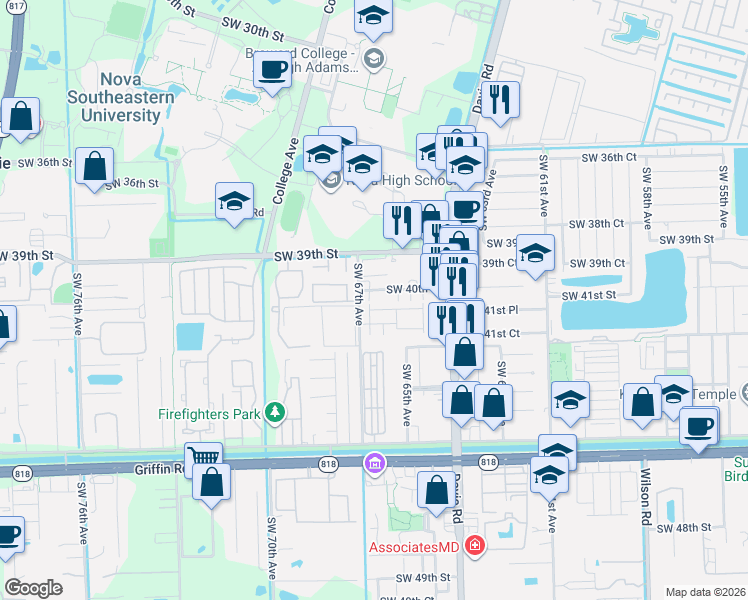 map of restaurants, bars, coffee shops, grocery stores, and more near 6616 Southwest 41st Street in Davie