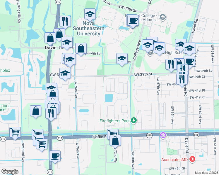 map of restaurants, bars, coffee shops, grocery stores, and more near 4010 Southwest 72nd Terrace in Davie