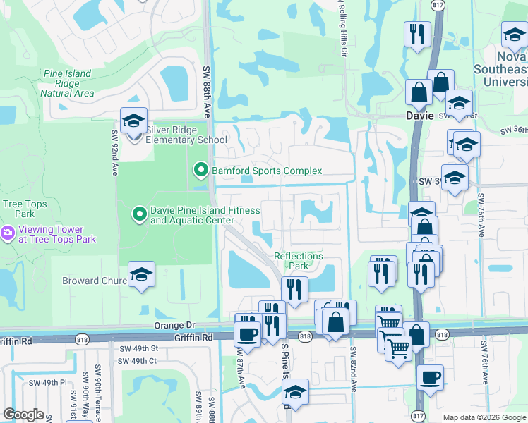 map of restaurants, bars, coffee shops, grocery stores, and more near 8521 Old Country Manor in Davie