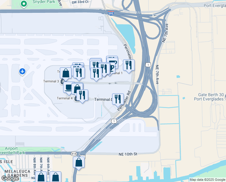 map of restaurants, bars, coffee shops, grocery stores, and more near 100 Terminal Drive in Fort Lauderdale