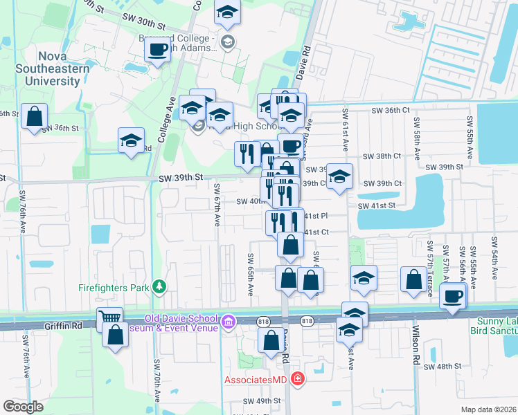 map of restaurants, bars, coffee shops, grocery stores, and more near 6500 Southwest 40th Court in Davie