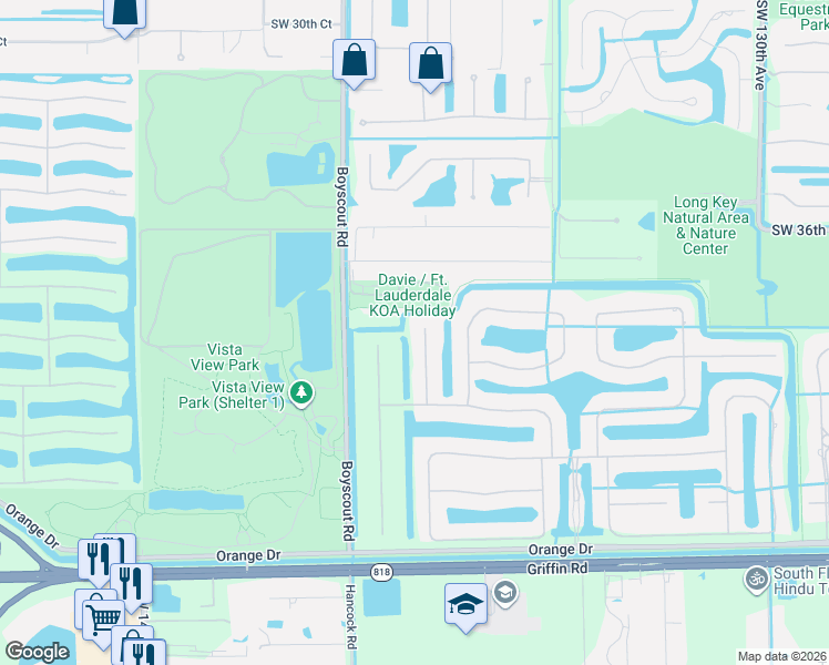 map of restaurants, bars, coffee shops, grocery stores, and more near 3959 Southwest 140th Avenue in Davie