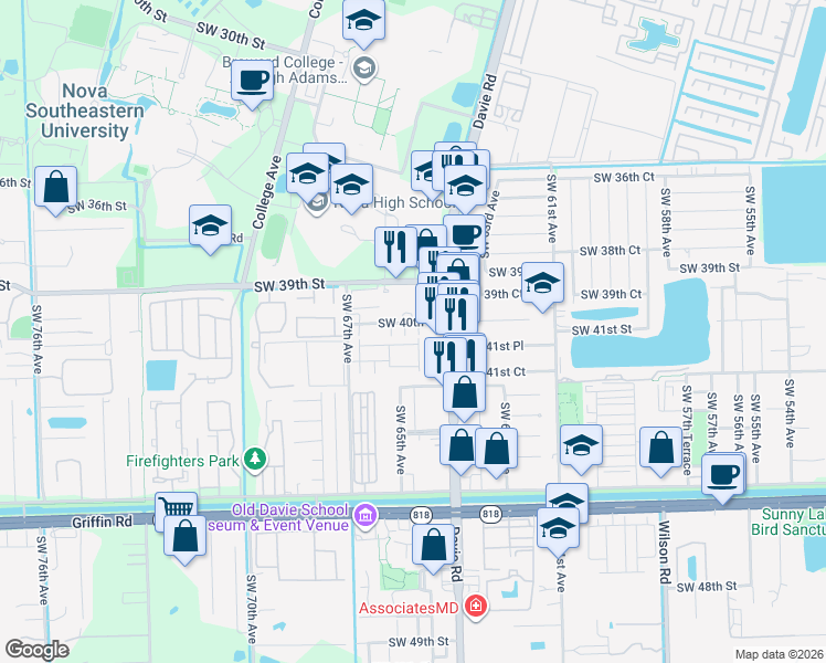 map of restaurants, bars, coffee shops, grocery stores, and more near 6500 Southwest 40th Court in Davie
