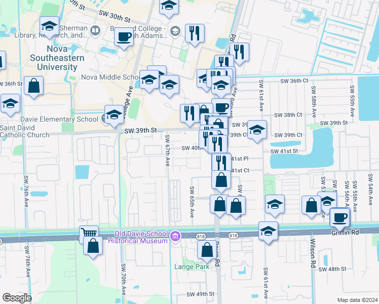 map of restaurants, bars, coffee shops, grocery stores, and more near 6616 Southwest 41st Street in Davie