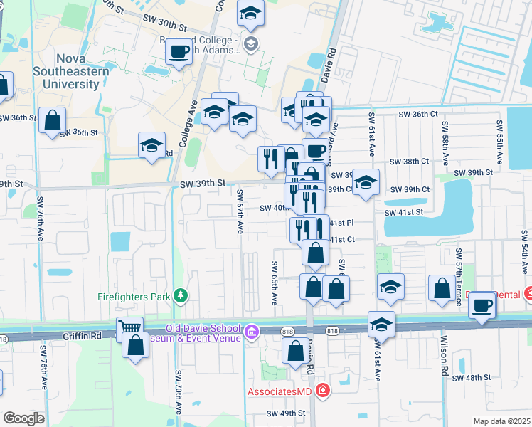 map of restaurants, bars, coffee shops, grocery stores, and more near 6616 Southwest 41st Street in Davie