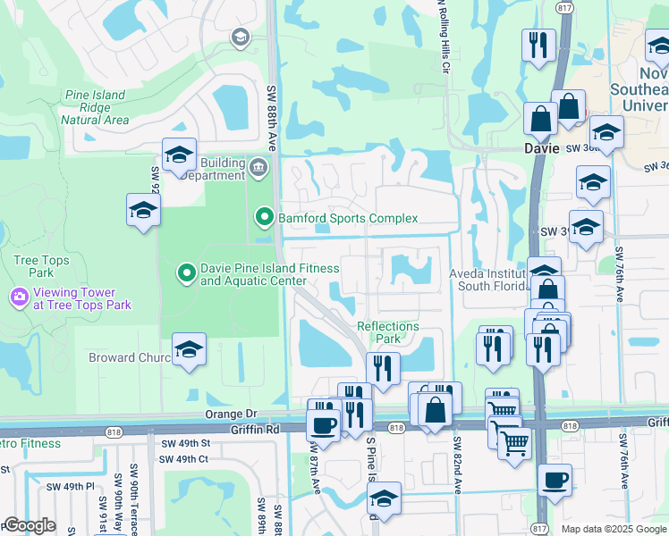 map of restaurants, bars, coffee shops, grocery stores, and more near 8521 Old Country Manor in Davie