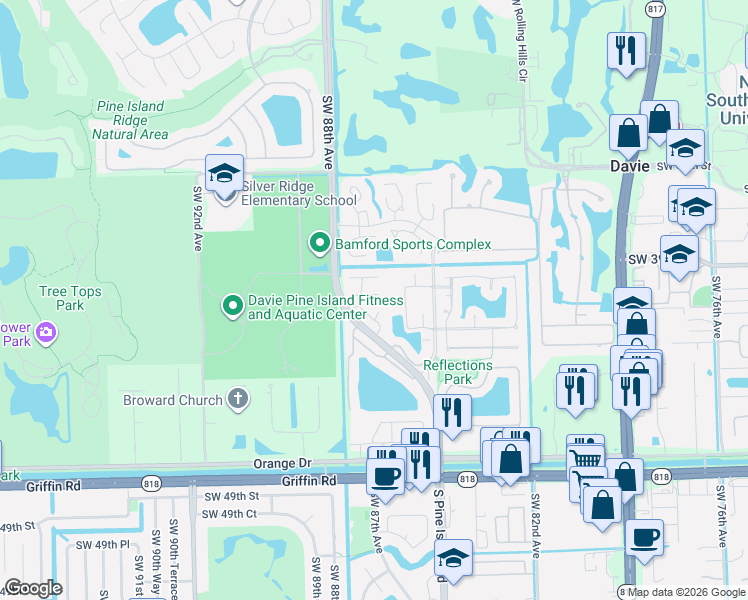 map of restaurants, bars, coffee shops, grocery stores, and more near 8618 Bridle Path Court in Davie