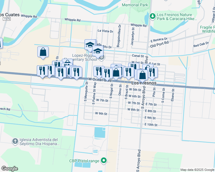 map of restaurants, bars, coffee shops, grocery stores, and more near 408 West 5th Street in Los Fresnos