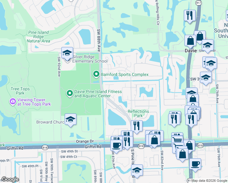 map of restaurants, bars, coffee shops, grocery stores, and more near 8642 Bridle Path Court in Davie