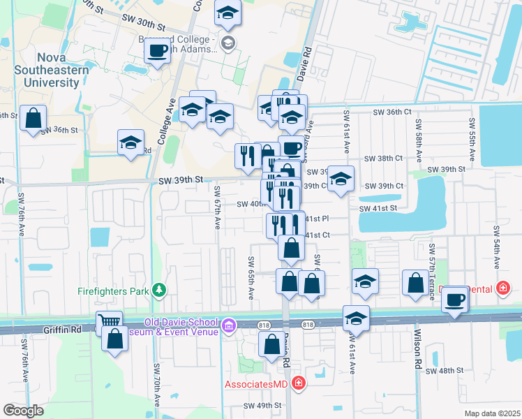 map of restaurants, bars, coffee shops, grocery stores, and more near 6500 Southwest 40th Court in Davie