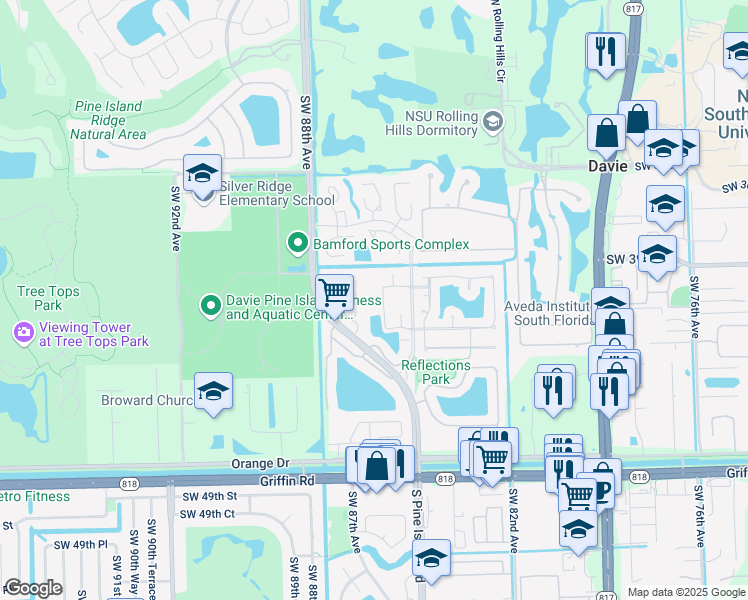 map of restaurants, bars, coffee shops, grocery stores, and more near 8521 Old Country Manor in Davie