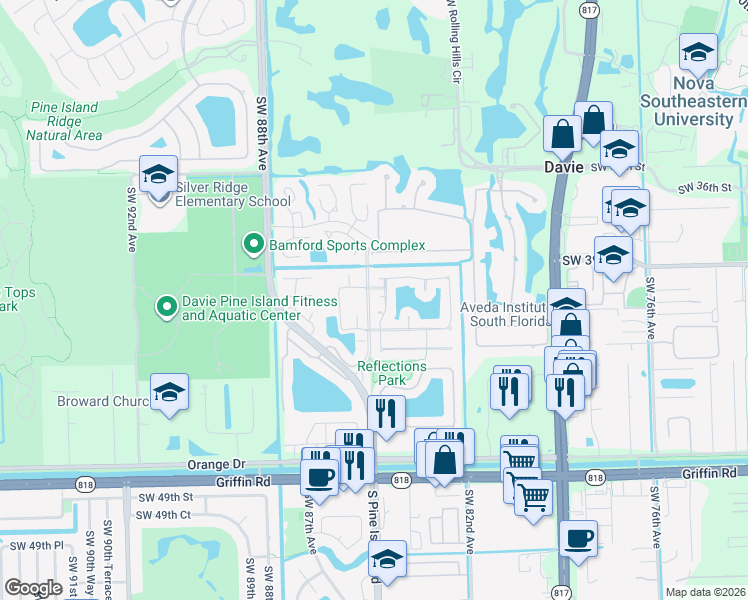 map of restaurants, bars, coffee shops, grocery stores, and more near 8440 Southwest 40th Court in Davie