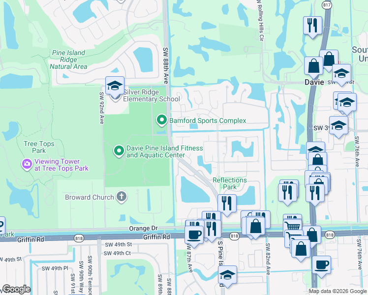 map of restaurants, bars, coffee shops, grocery stores, and more near 8642 Bridle Path Court in Davie