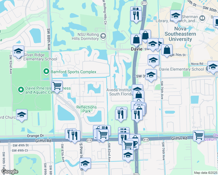 map of restaurants, bars, coffee shops, grocery stores, and more near 4043 West Lake Estates Drive in Davie